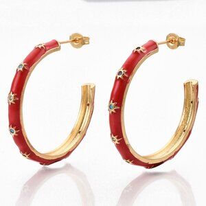 NWOT Red Enamel Stud Hoop Earrings With Cz Sun Pattern Large Striking 2/$10